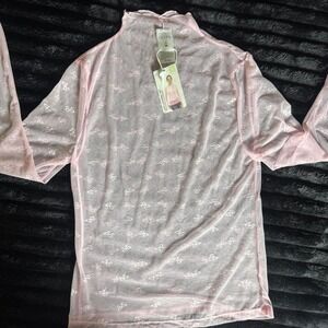 Serra pink lace layering top with small white bow pattern, size M